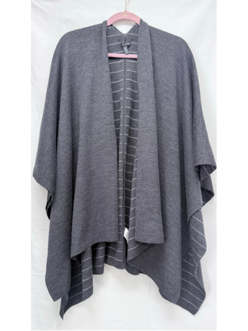 Women's Eileen Fisher Reversible Wool Poncho Sweater Grey White Striped OneSize